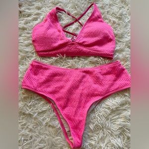 Pink Textured High-Waisted Pink Bikini